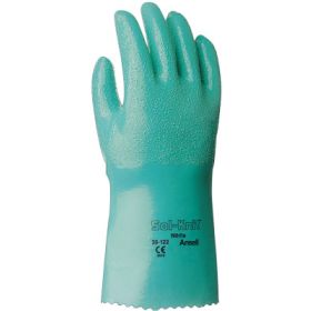 39-122 12 in Reinforced Nitrile Gloves, Gauntlet Cuff, Interlock Knit Cotton Lined, Size 9, Green