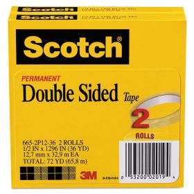 Double-Sided Tape, 3" Core, 0.5" x 36 yds, Clear, 2/Pack