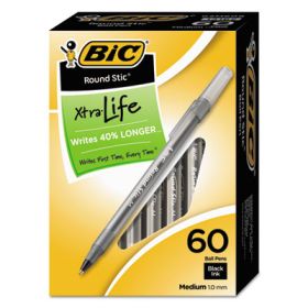 Round Stic Xtra Life Ballpoint Pen Value Pack, Stick, Medium 1 Mm, Black Ink, Smoke Barrel, 60/Box