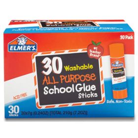 Washable School Glue Sticks, 0.24 oz, Applies and Dries Clear, 30/Box