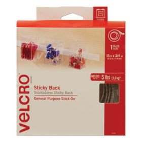 Sticky-Back Fasteners with Dispenser, Removable Adhesive, 0.75" x 15 ft, White